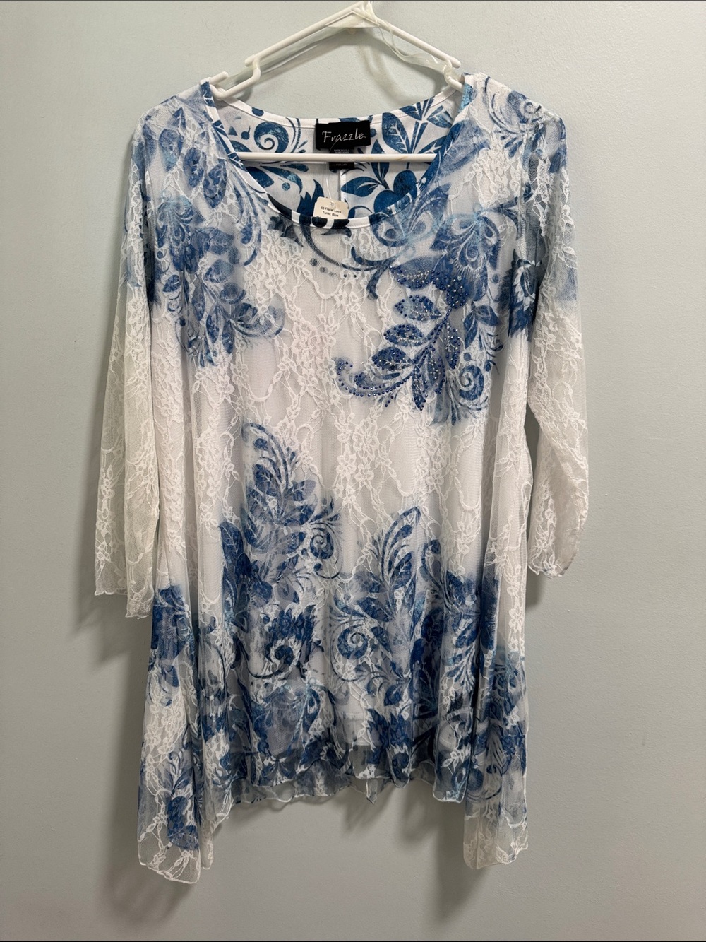 Frazzle Women's White Lace Tunic with Blue Floral Print